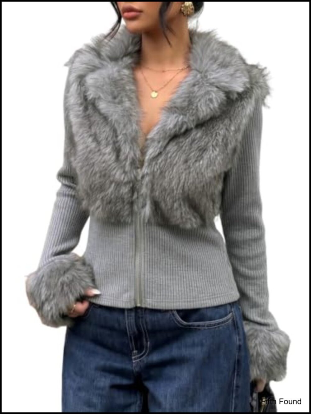 Faux Fur Trim Zip Up Fuzzy Knit Jacket Slim Fit Winter Outwear
